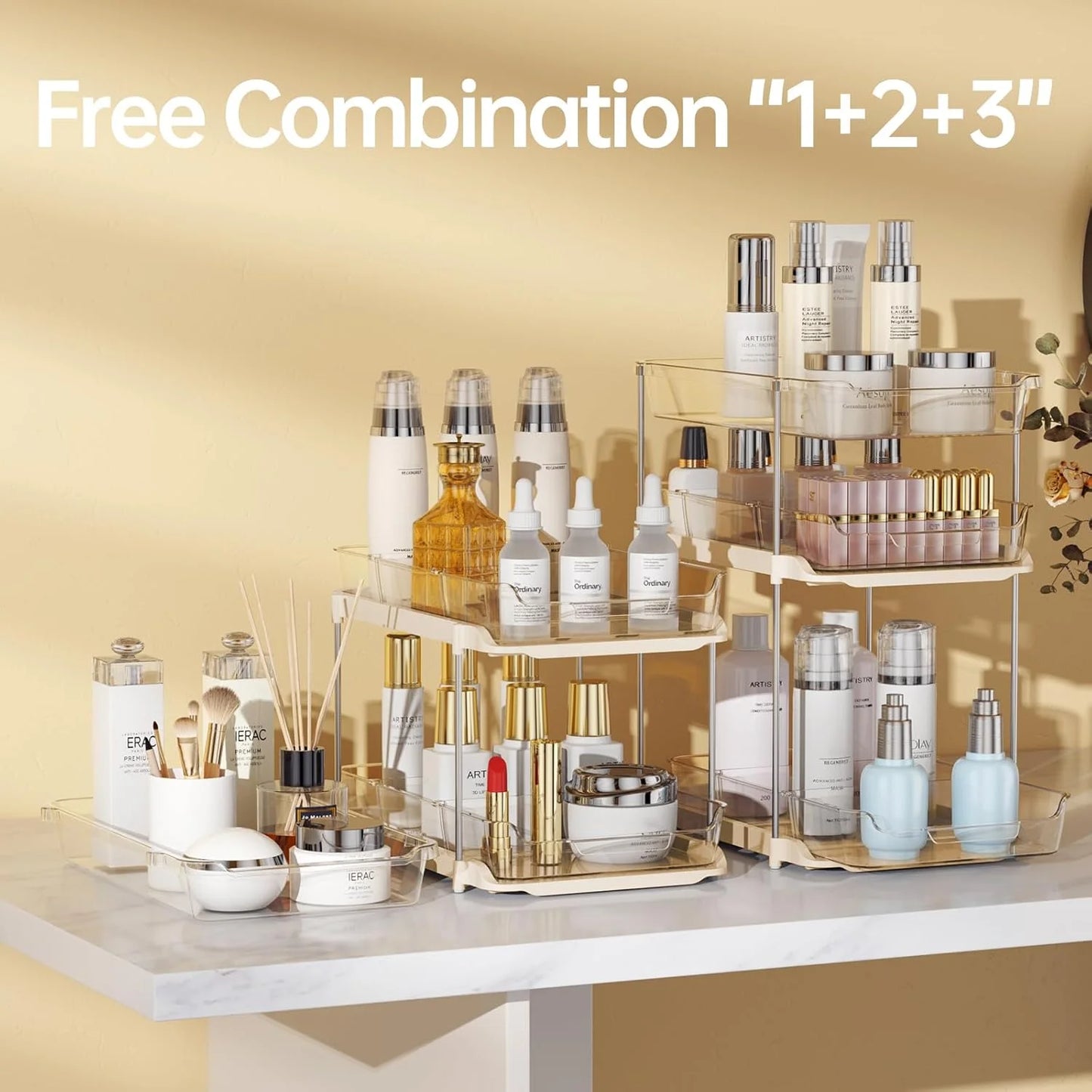3 Tier Pull-Out under Sink Organizer Storage, Bathroom Stackable Pantry Counter Sliding Cabinet Organization and Storage, 2 Sets, Beige