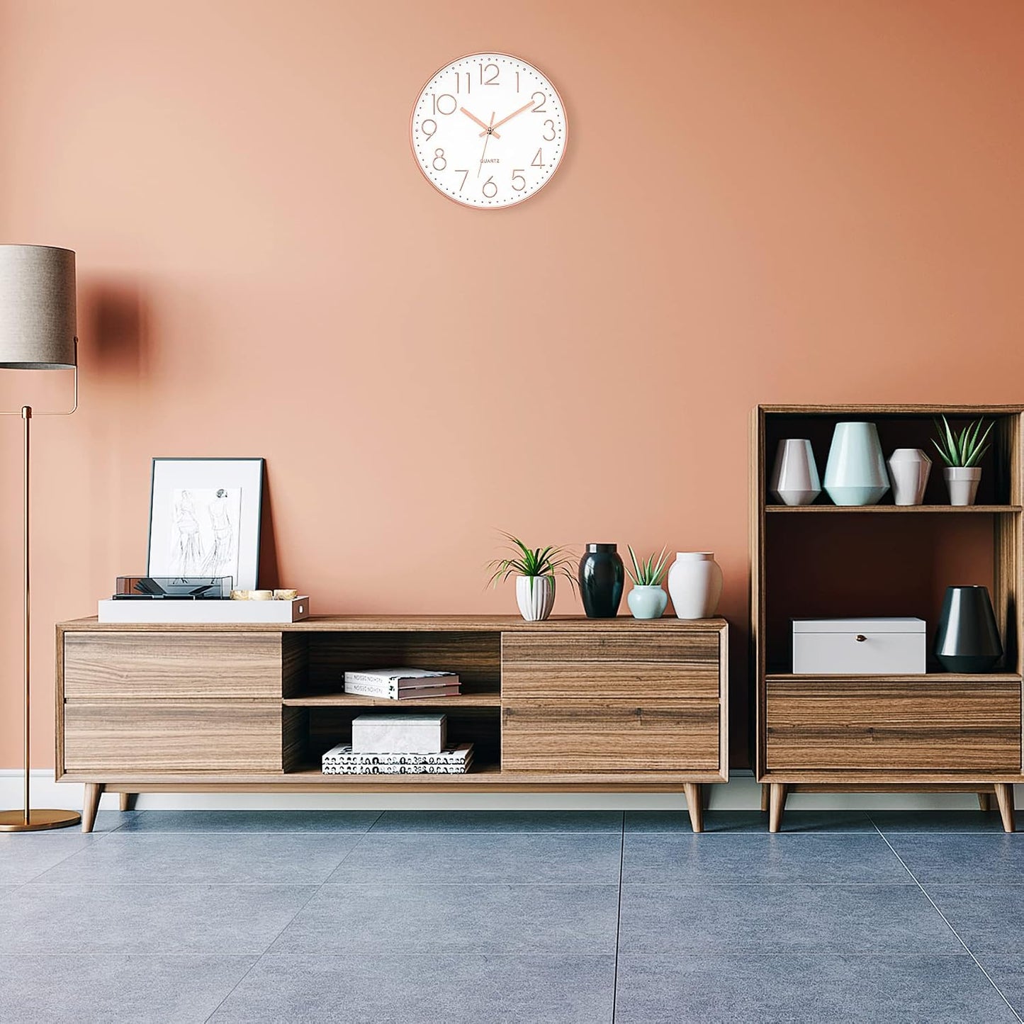 Modern Wall Clock 12 Inch Non-Ticking Silent Battery Operated round Quartz Rose Gold Wall Clock for Office Bedroom Living Room Kitchen Home School Decor