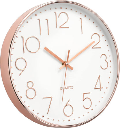 Modern Wall Clock 12 Inch Non-Ticking Silent Battery Operated round Quartz Rose Gold Wall Clock for Office Bedroom Living Room Kitchen Home School Decor