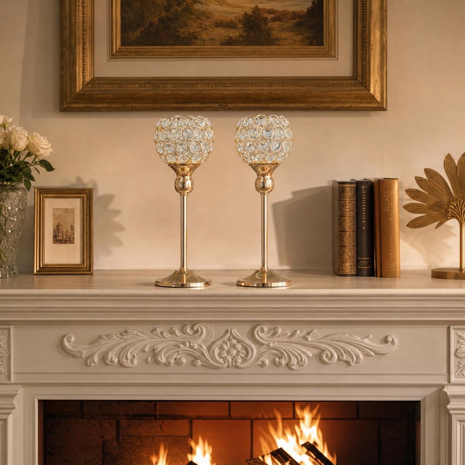 Gold Crystal Candle Holders Set of 2 for Fireplace Coffee Table Mantle Decor,Wedding Home Halloween Decoration Centerpieces