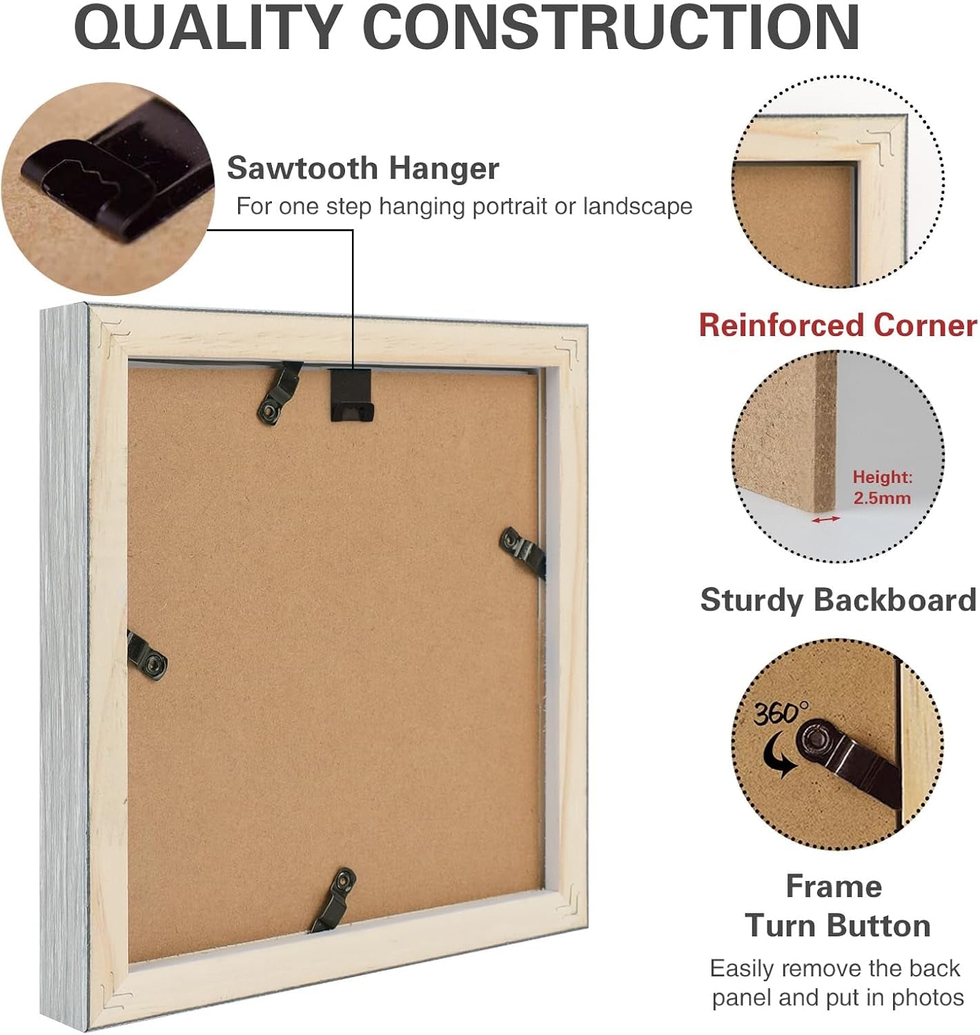 , 6X6 Square Picture Frame - Solid Wood with Real Glass - Display Picture 4X4 with Mat or 6X6 without Mat - Grey Photo Frame for Wall Decor, 3 Pack