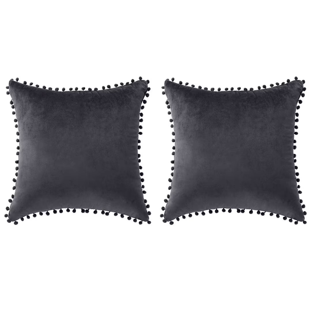Velvet Pillow Cover with Pompoms for Sofa 2PCS Dark Gray 18X18Inch