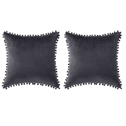 Velvet Pillow Cover with Pompoms for Sofa 2PCS Dark Gray 18X18Inch