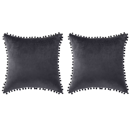 Velvet Pillow Cover with Pompoms for Sofa 2PCS Dark Gray 18X18Inch