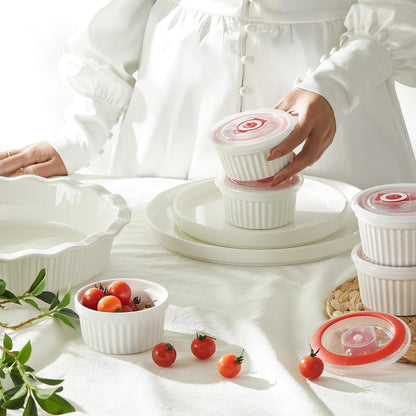 6-Pack 4 Oz Porcelain Ramekins with Lids, White Souffle Dishes for Baking, Creme Brulee Cups, Oven-Friendly Pudding Custard Bowls – Versatile Kitchen Essentials for Baking and Storing