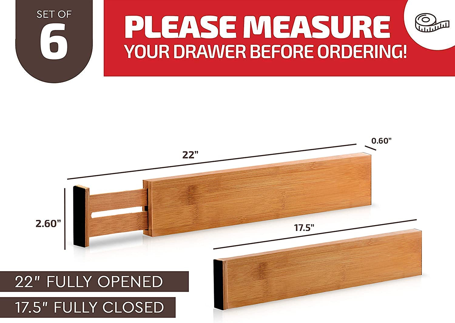 6-Pack Bamboo Drawer Dividers - 2.6 in High, Adjustable 16 to 22 in Expandable Drawer Organizers and Dresser Separators for Clothes, Bedroom, Bathroom, Kitchen, and Office Organization and Storage