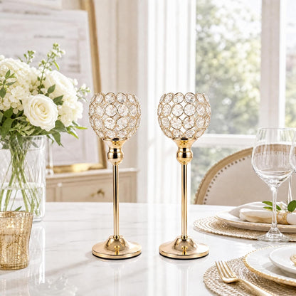 Gold Crystal Candle Holders Set of 2 for Fireplace Coffee Table Mantle Decor,Wedding Home Halloween Decoration Centerpieces