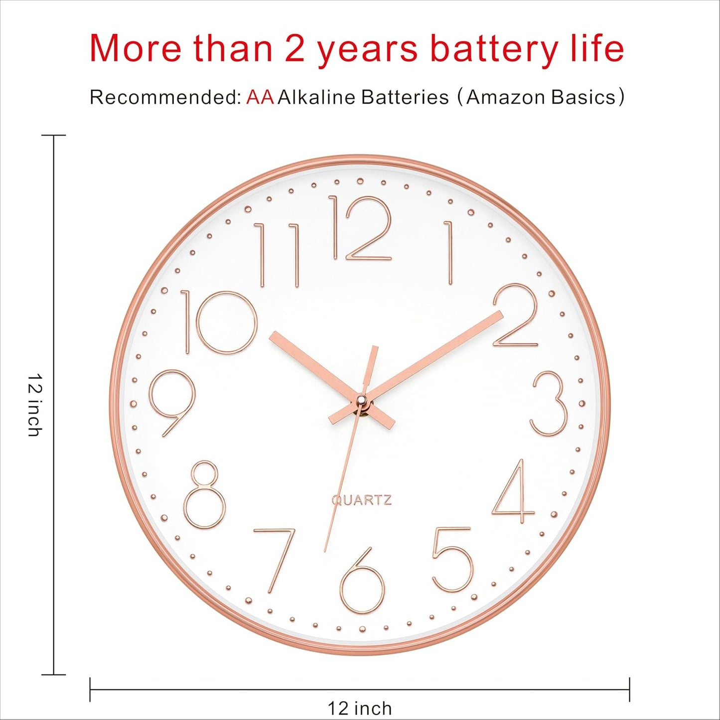 Modern Wall Clock 12 Inch Non-Ticking Silent Battery Operated round Quartz Rose Gold Wall Clock for Office Bedroom Living Room Kitchen Home School Decor
