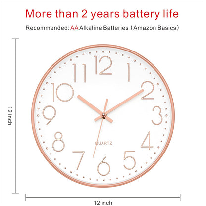 Modern Wall Clock 12 Inch Non-Ticking Silent Battery Operated round Quartz Rose Gold Wall Clock for Office Bedroom Living Room Kitchen Home School Decor