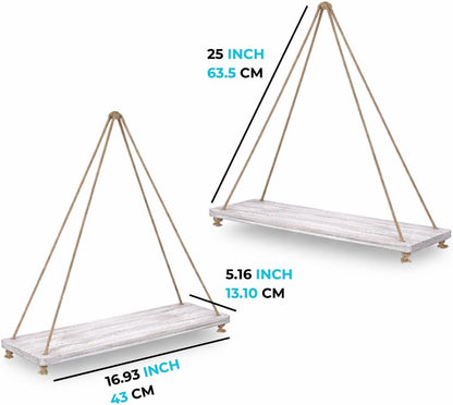 Rustic White Hanging Wall Shelves – Set of 2 – 17"×5.2" Paulownia | Rustic White; Paulownia Wood; Set of 2; 17"W X 5.2"D X 0.8"H Each; Jute Rope; Wall Mount; Farmhouse Boho Decor