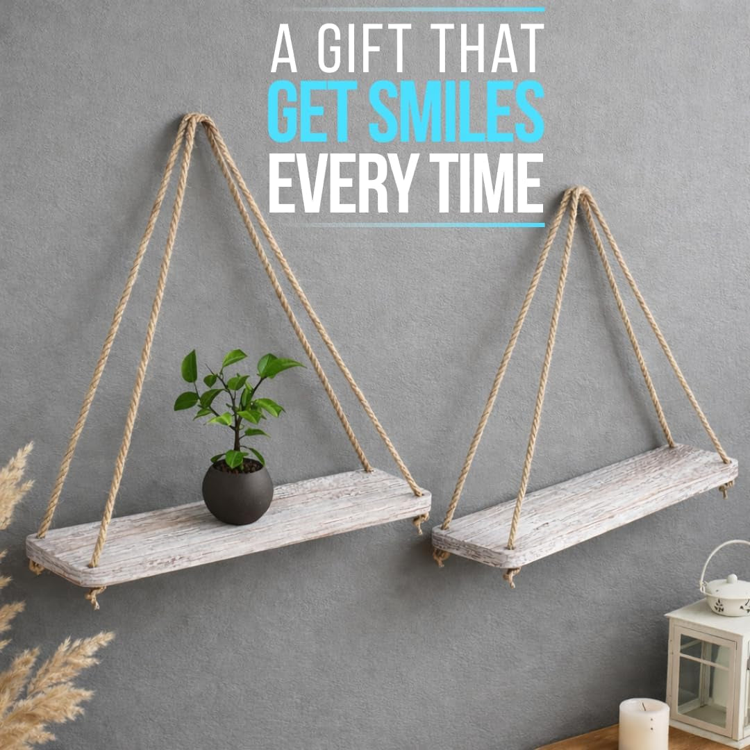 Rustic White Hanging Wall Shelves – Set of 2 – 17"×5.2" Paulownia | Rustic White; Paulownia Wood; Set of 2; 17"W X 5.2"D X 0.8"H Each; Jute Rope; Wall Mount; Farmhouse Boho Decor
