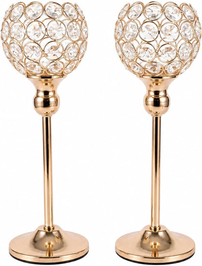 Gold Crystal Candle Holders Set of 2 for Fireplace Coffee Table Mantle Decor,Wedding Home Halloween Decoration Centerpieces