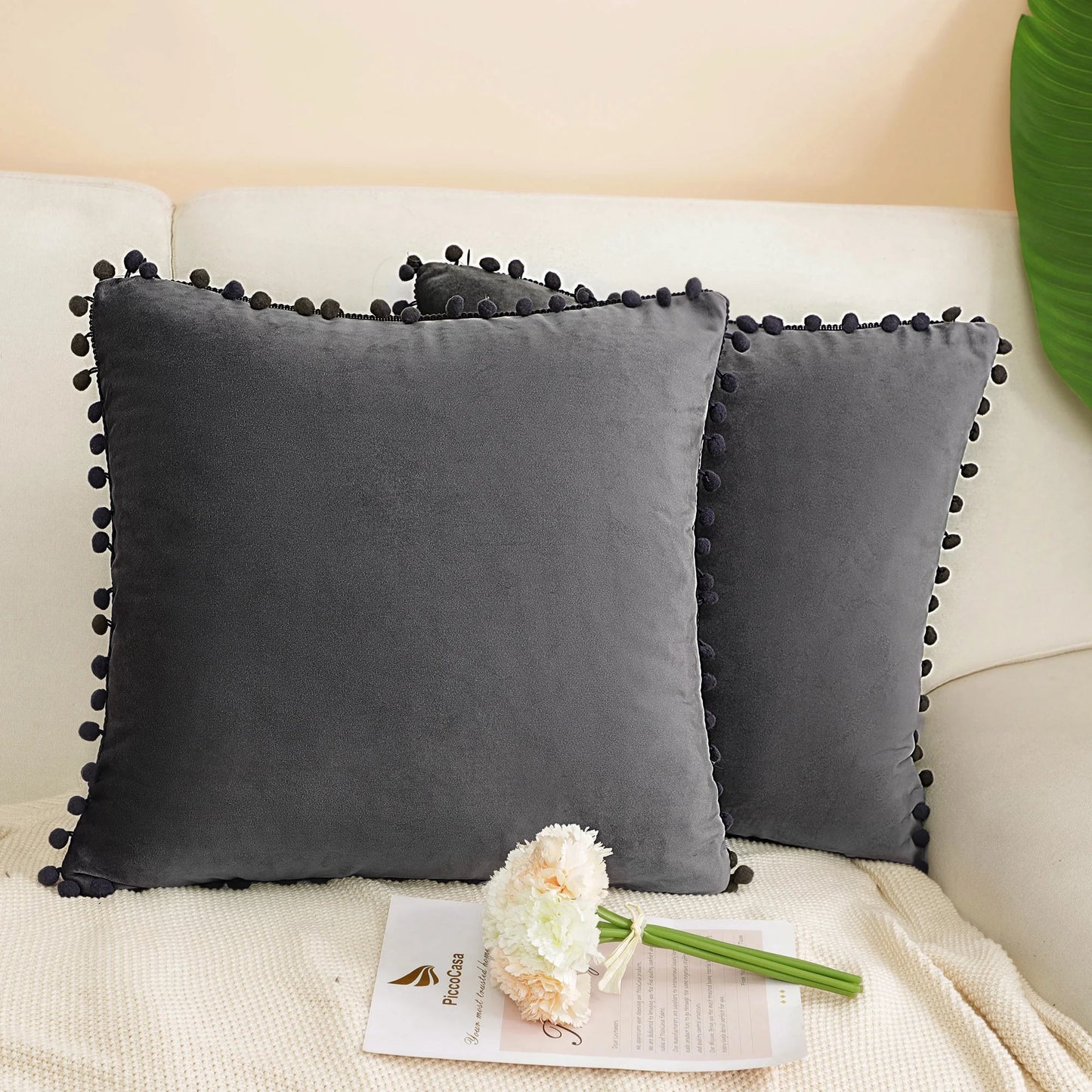 Velvet Pillow Cover with Pompoms for Sofa 2PCS Dark Gray 18X18Inch