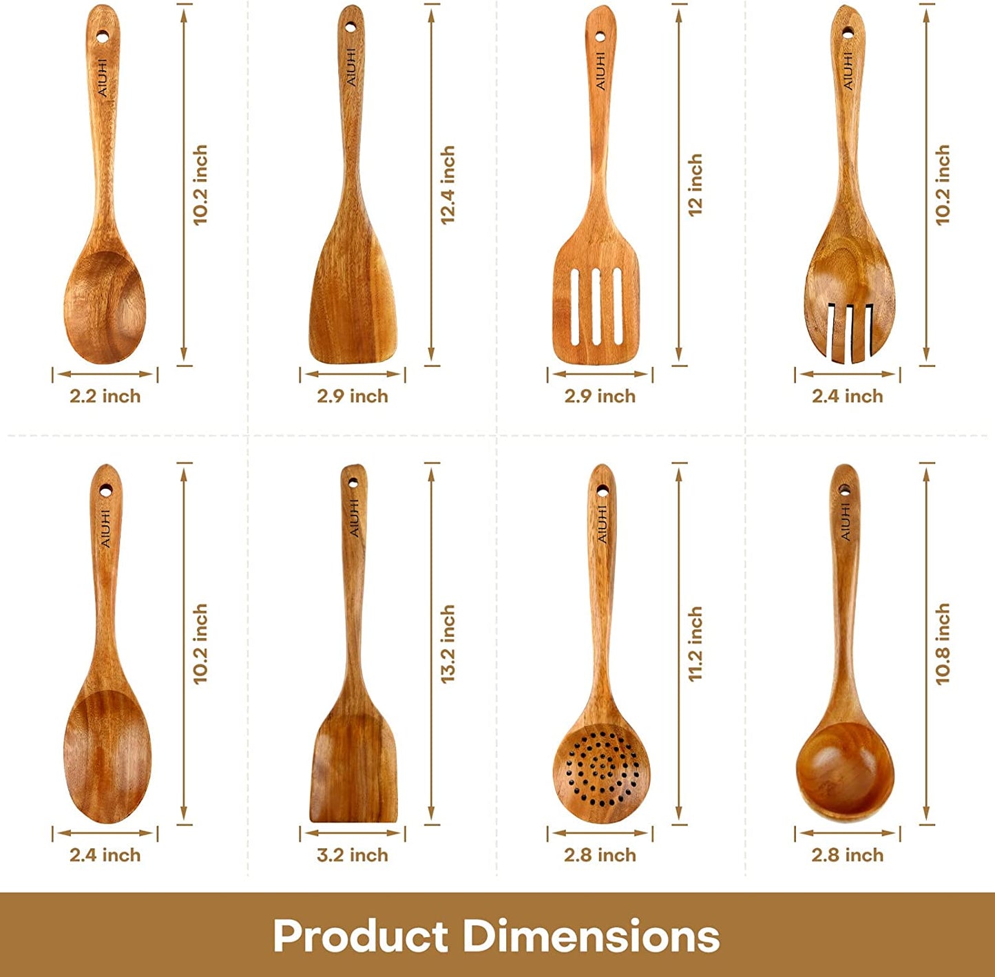 Teak Wood 8-Piece Wooden Kitchen Utensils Set, Wooden Spoons for Cooking, Smooth Wood Spatula Set for Nonstick Cookware, Daily Cooking, Housewarming Gift