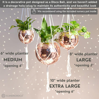 Disco Ball Planter – Value Package: Mirror Disco Planter with Chain, Macrame Hanger and Acrylic Stand for Desk, Includes Self Watering Insert, Quirky Gifts | 6 Inch Rose Gold
