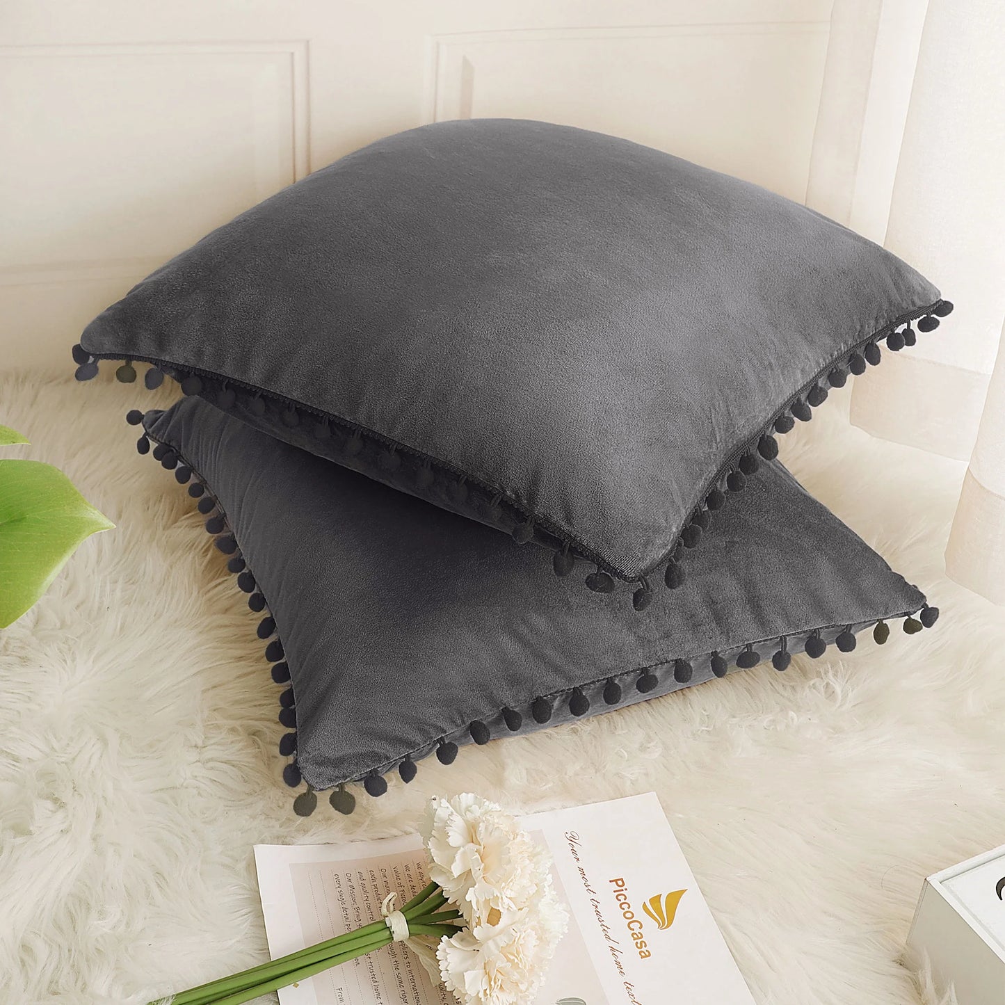 Velvet Pillow Cover with Pompoms for Sofa 2PCS Dark Gray 18X18Inch