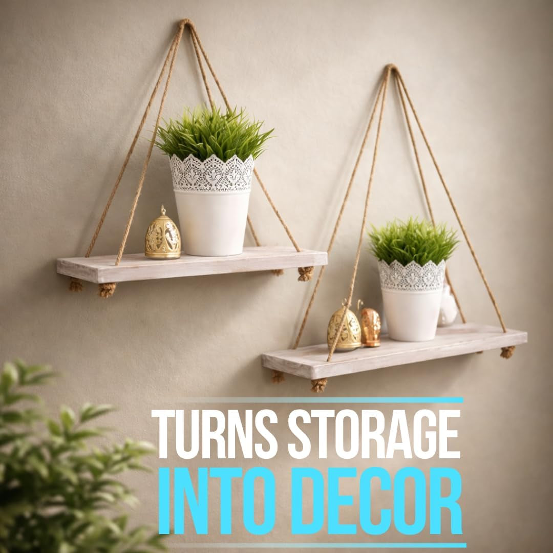 Rustic White Hanging Wall Shelves – Set of 2 – 17"×5.2" Paulownia | Rustic White; Paulownia Wood; Set of 2; 17"W X 5.2"D X 0.8"H Each; Jute Rope; Wall Mount; Farmhouse Boho Decor