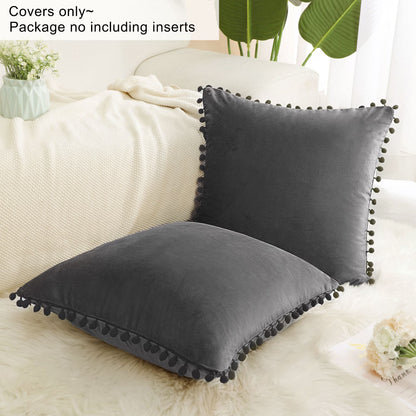Velvet Pillow Cover with Pompoms for Sofa 2PCS Dark Gray 18X18Inch