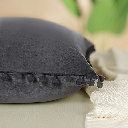 Velvet Pillow Cover with Pompoms for Sofa 2PCS Dark Gray 18X18Inch