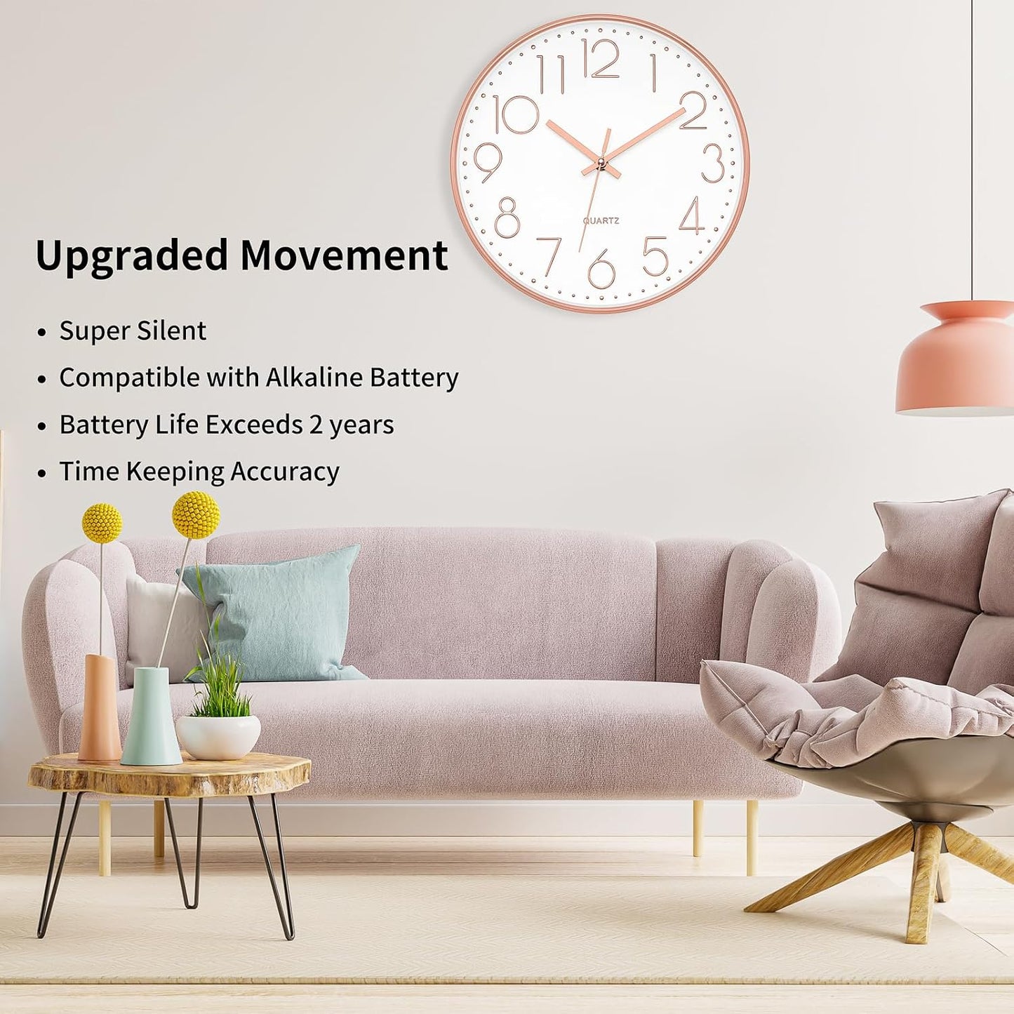 Modern Wall Clock 12 Inch Non-Ticking Silent Battery Operated round Quartz Rose Gold Wall Clock for Office Bedroom Living Room Kitchen Home School Decor