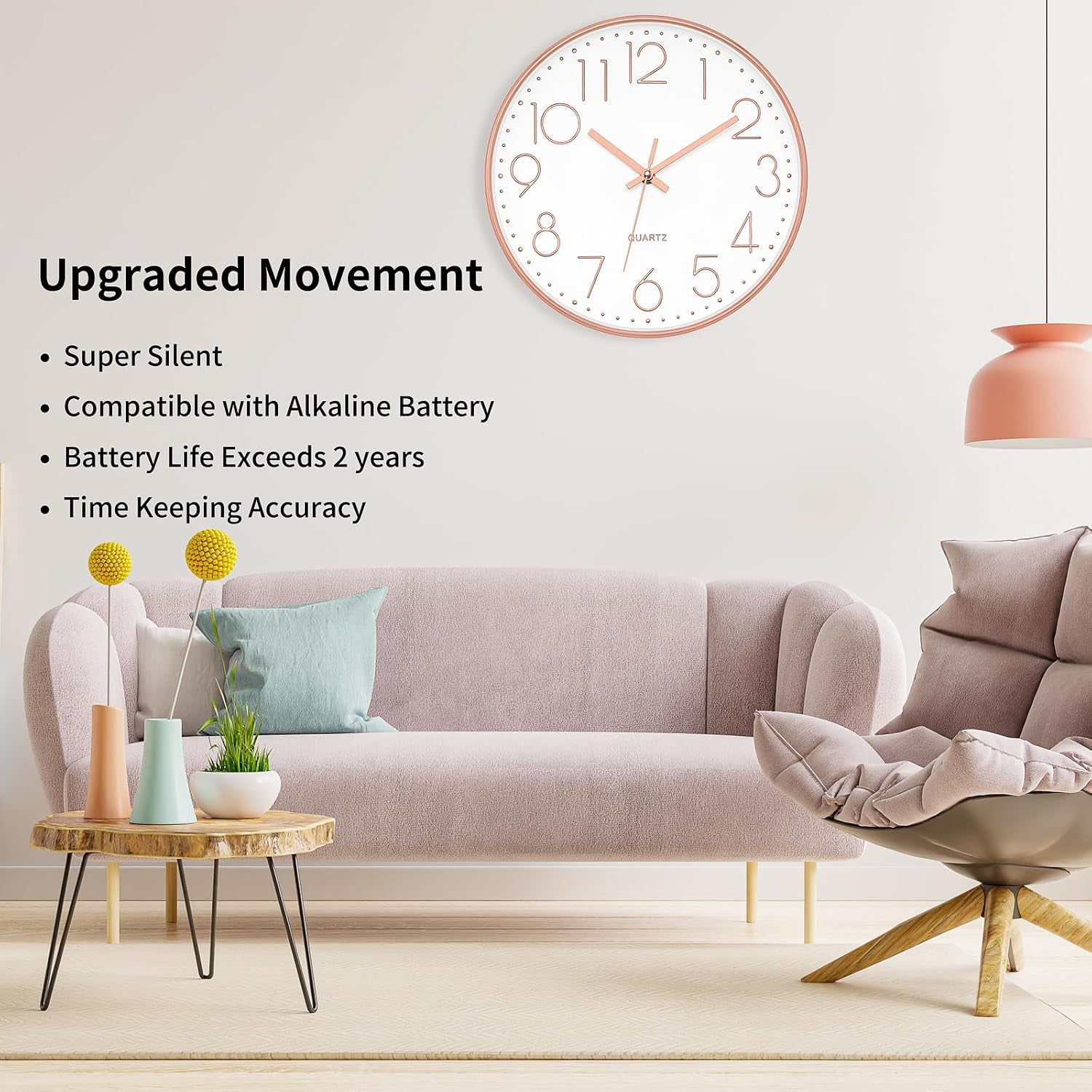 Modern Wall Clock 12 Inch Non-Ticking Silent Battery Operated round Quartz Rose Gold Wall Clock for Office Bedroom Living Room Kitchen Home School Decor