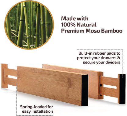 6-Pack Bamboo Drawer Dividers - 2.6 in High, Adjustable 16 to 22 in Expandable Drawer Organizers and Dresser Separators for Clothes, Bedroom, Bathroom, Kitchen, and Office Organization and Storage