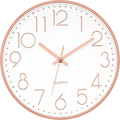 Modern Wall Clock 12 Inch Non-Ticking Silent Battery Operated round Quartz Rose Gold Wall Clock for Office Bedroom Living Room Kitchen Home School Decor