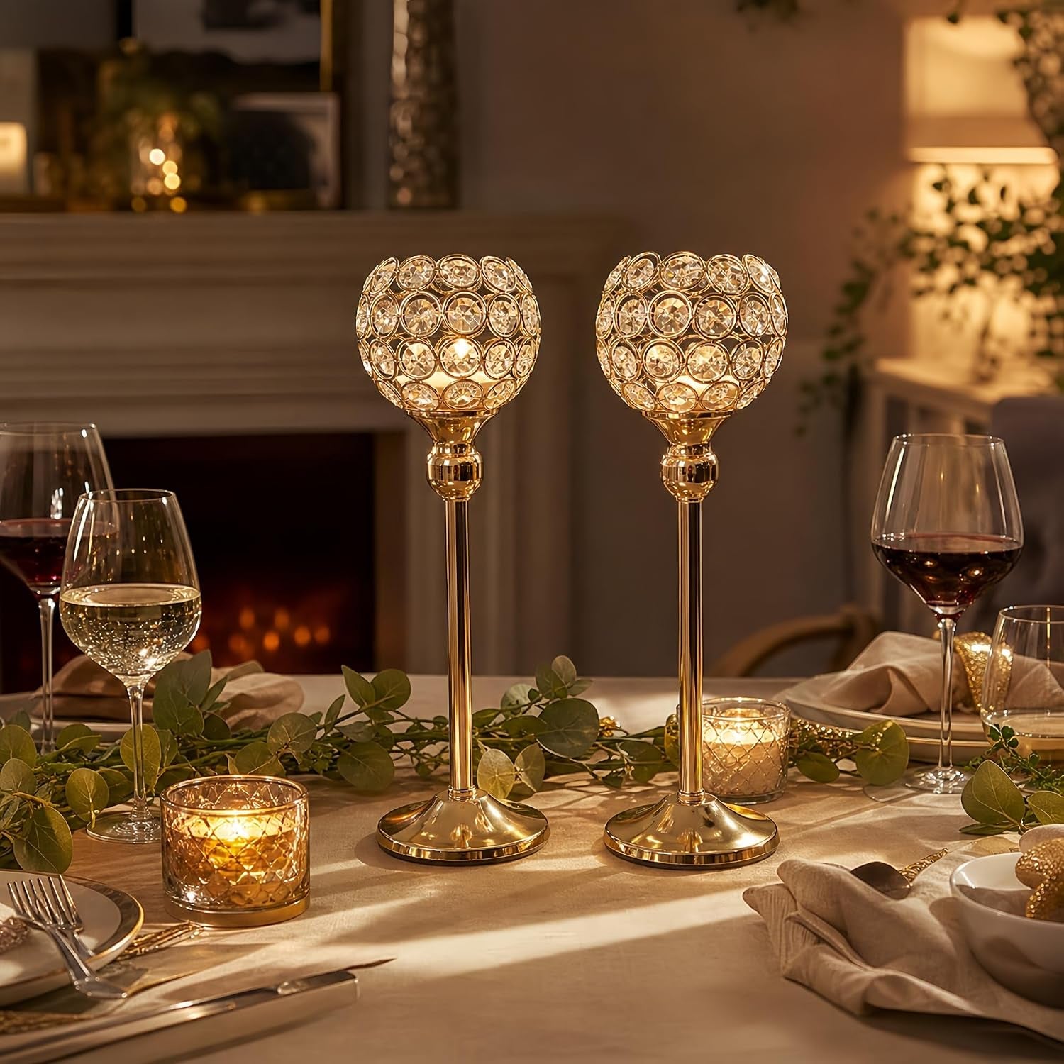 Gold Crystal Candle Holders Set of 2 for Fireplace Coffee Table Mantle Decor,Wedding Home Halloween Decoration Centerpieces