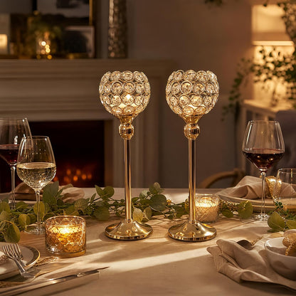 Gold Crystal Candle Holders Set of 2 for Fireplace Coffee Table Mantle Decor,Wedding Home Halloween Decoration Centerpieces