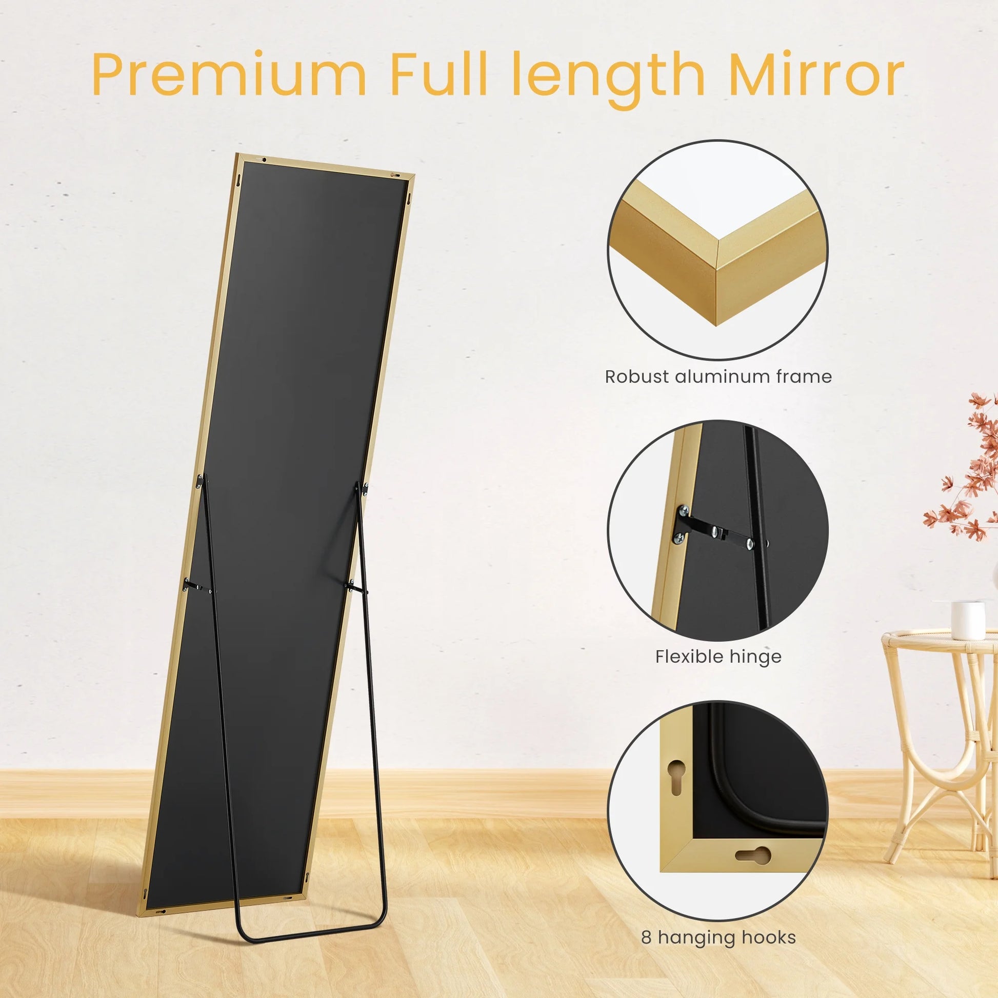 Full Length Mirror 59"X16" Full Body Mirror Rectangle Free Standing Wall Mounted Leaning Hanging Full Body Mirrors, Gold