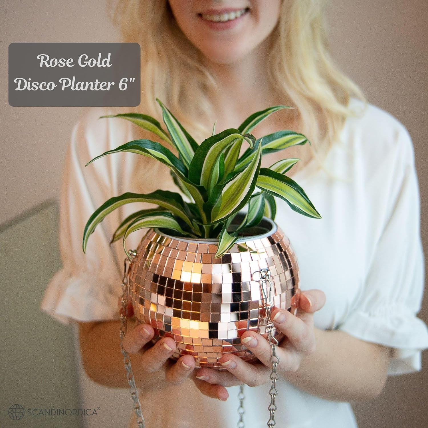 Disco Ball Planter – Value Package: Mirror Disco Planter with Chain, Macrame Hanger and Acrylic Stand for Desk, Includes Self Watering Insert, Quirky Gifts | 6 Inch Rose Gold