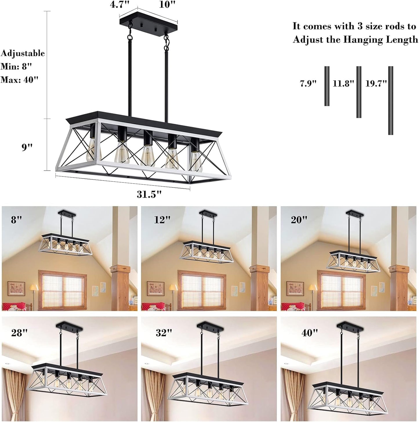 5-Light Pendant Lights Fixture, Farmhouse Chandeliers for Dining Room, Rustic Island Lights for Kitchen, Rectangular Chandelier Rustic Farmhouse Light Fxiture
