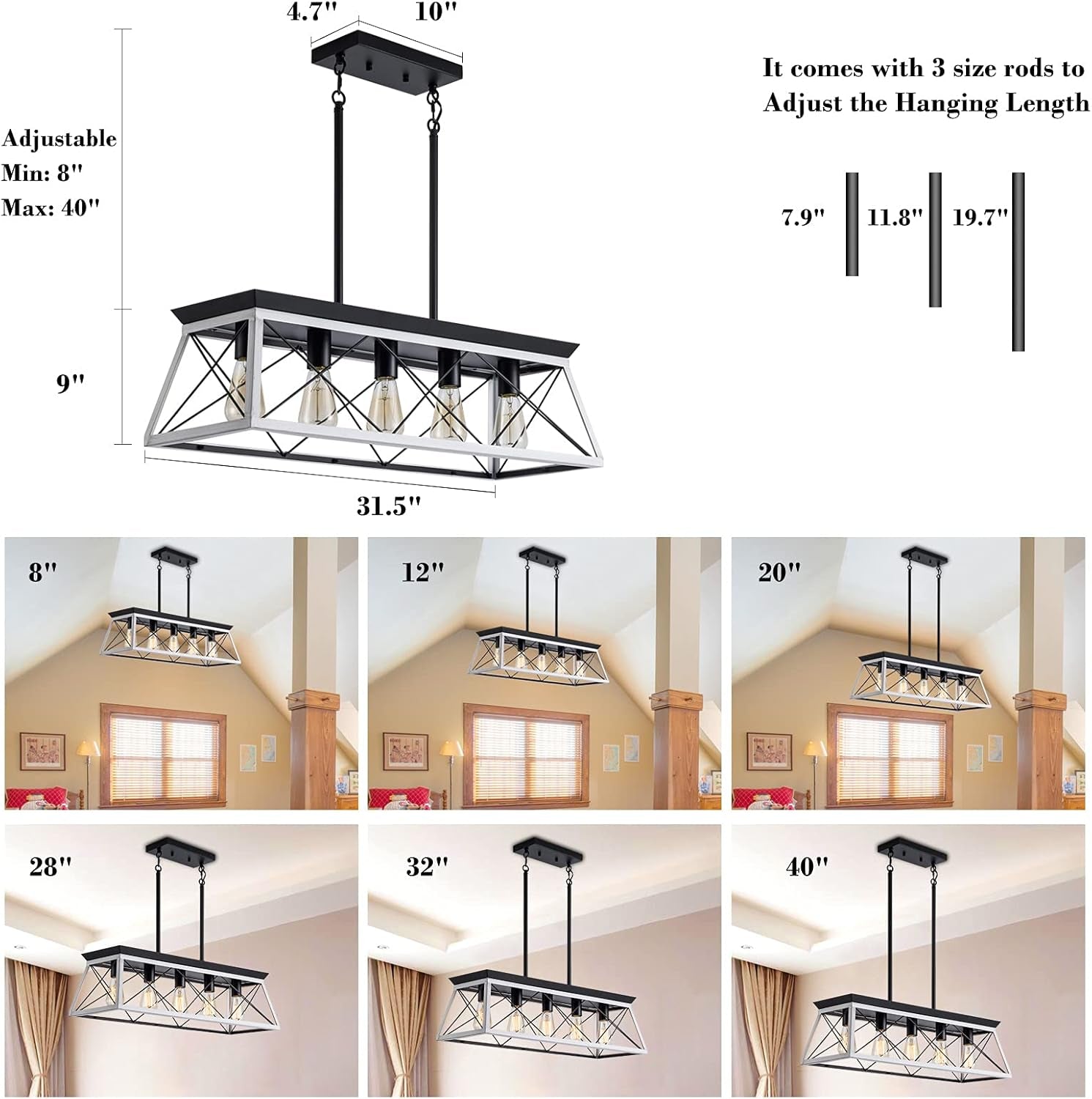 5-Light Pendant Lights Fixture, Farmhouse Chandeliers for Dining Room, Rustic Island Lights for Kitchen, Rectangular Chandelier Rustic Farmhouse Light Fxiture