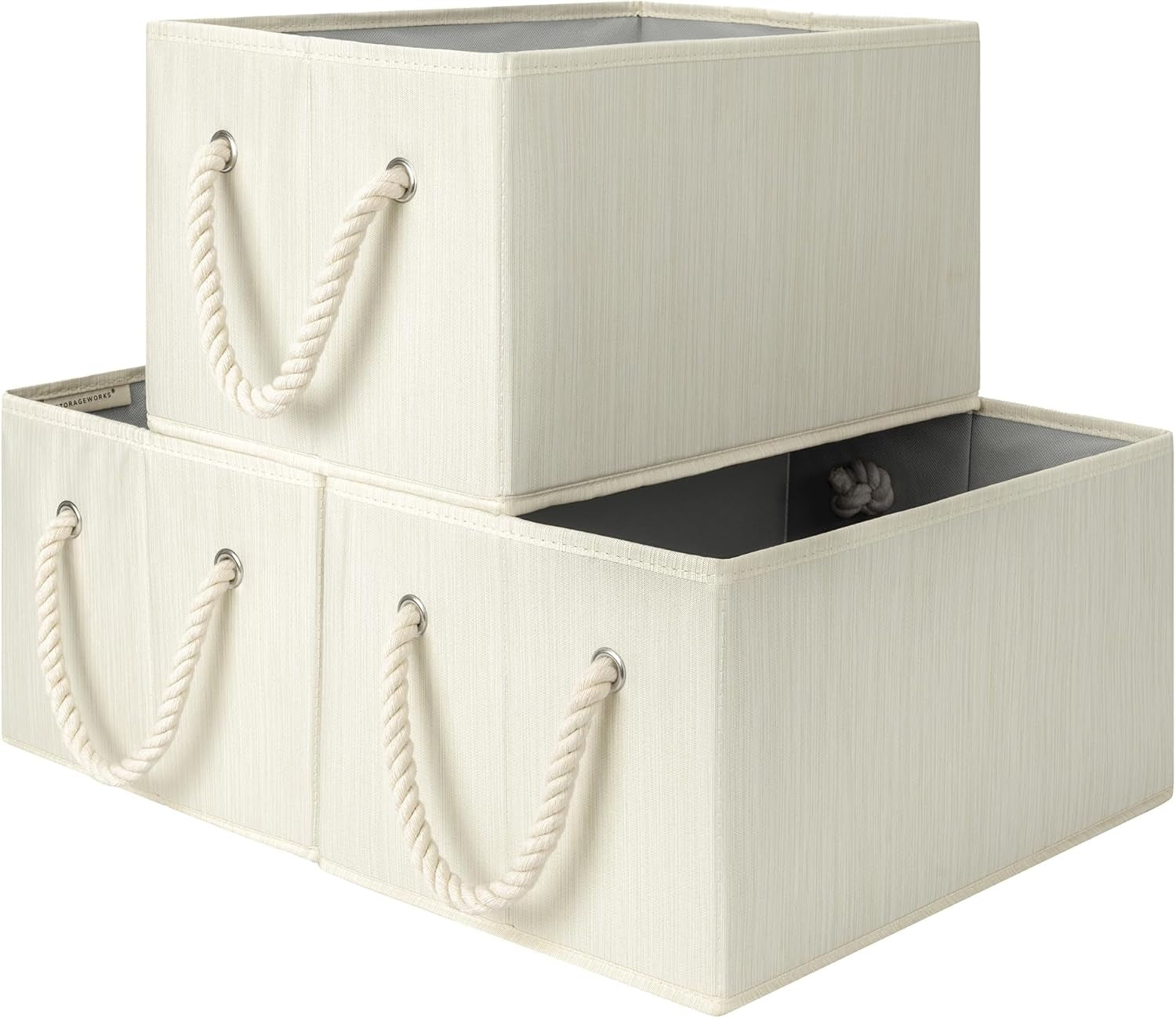 Storage Baskets for Shelves, Fabric Storage Bins, Closet Organization and Storage Basket, Foldable Organizer Bins for Clothes, Beige, White & Ivory, Large, 3-Pack