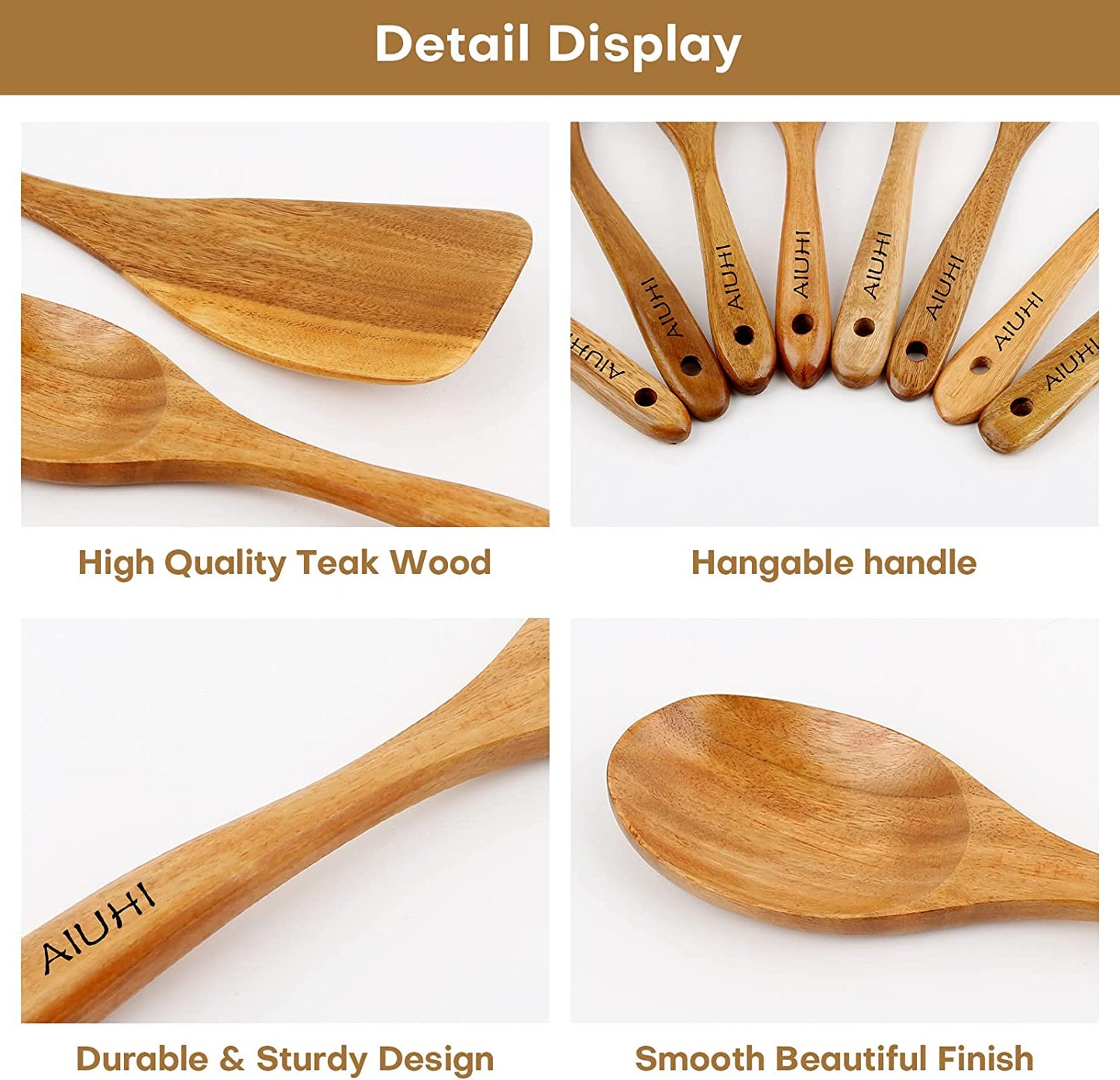 Teak Wood 8-Piece Wooden Kitchen Utensils Set, Wooden Spoons for Cooking, Smooth Wood Spatula Set for Nonstick Cookware, Daily Cooking, Housewarming Gift