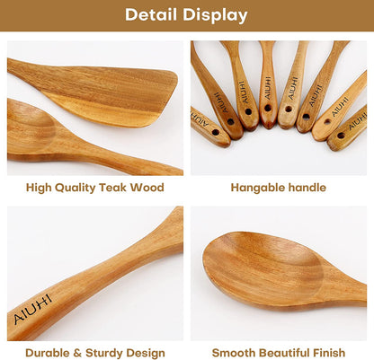 Teak Wood 8-Piece Wooden Kitchen Utensils Set, Wooden Spoons for Cooking, Smooth Wood Spatula Set for Nonstick Cookware, Daily Cooking, Housewarming Gift
