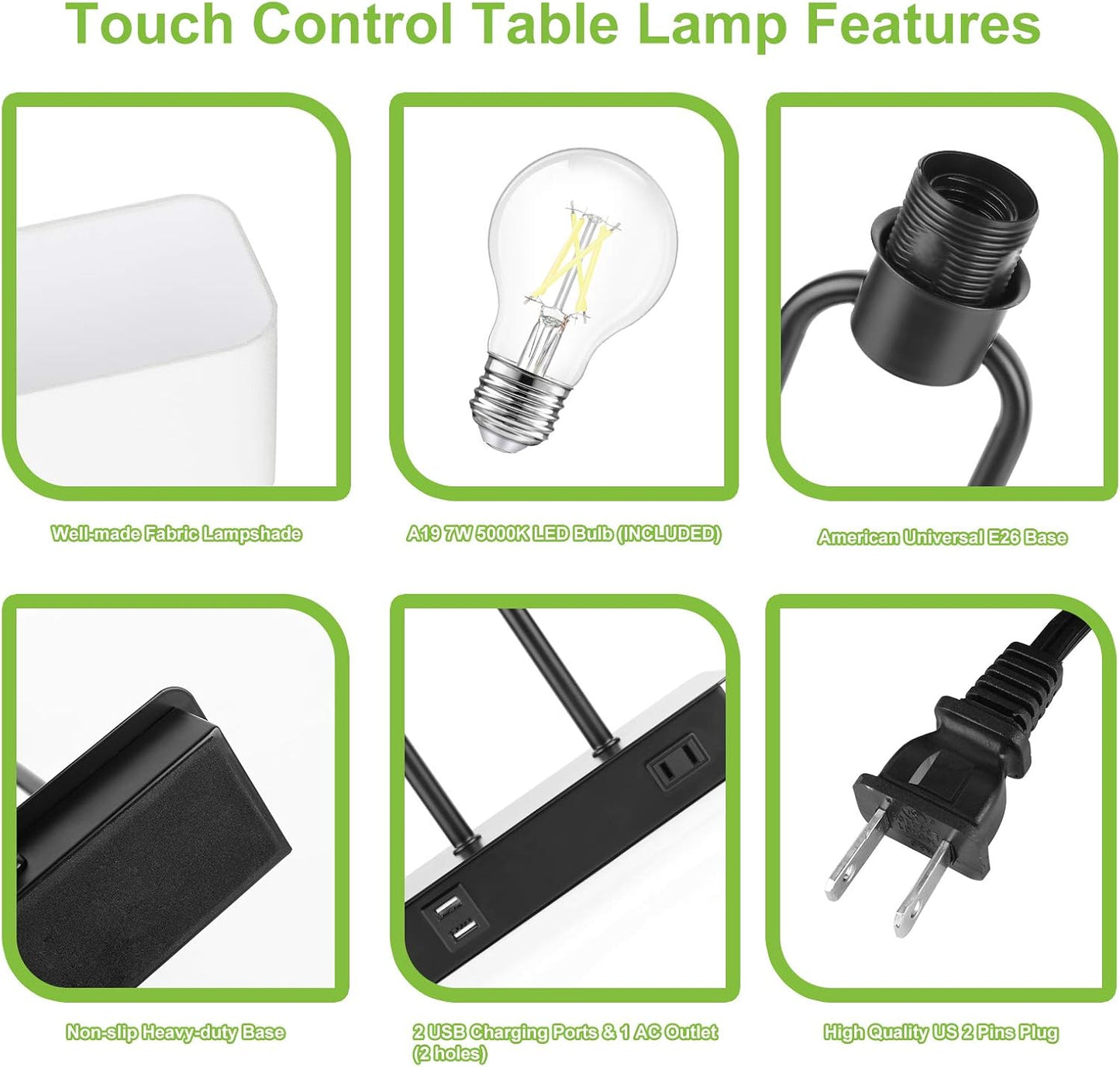 Bedside Touch Control Table Lamp with Dual USB Charging Ports 1 AC Outlet, 3 Way Dimmable Modern Nightstand Lamp with White Fabric Shade, Desk Lamp for Bedroom Living Room Office with 5000K LED Bulb