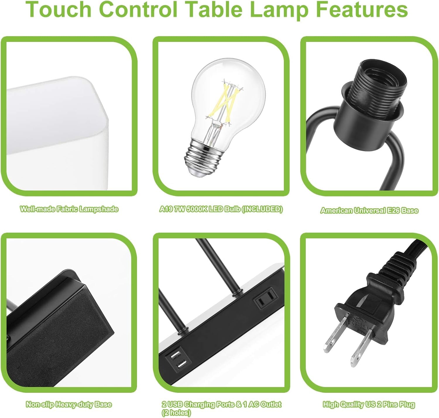 Bedside Touch Control Table Lamp with Dual USB Charging Ports 1 AC Outlet, 3 Way Dimmable Modern Nightstand Lamp with White Fabric Shade, Desk Lamp for Bedroom Living Room Office with 5000K LED Bulb