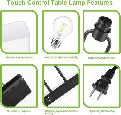 Bedside Touch Control Table Lamp with Dual USB Charging Ports 1 AC Outlet, 3 Way Dimmable Modern Nightstand Lamp with White Fabric Shade, Desk Lamp for Bedroom Living Room Office with 5000K LED Bulb