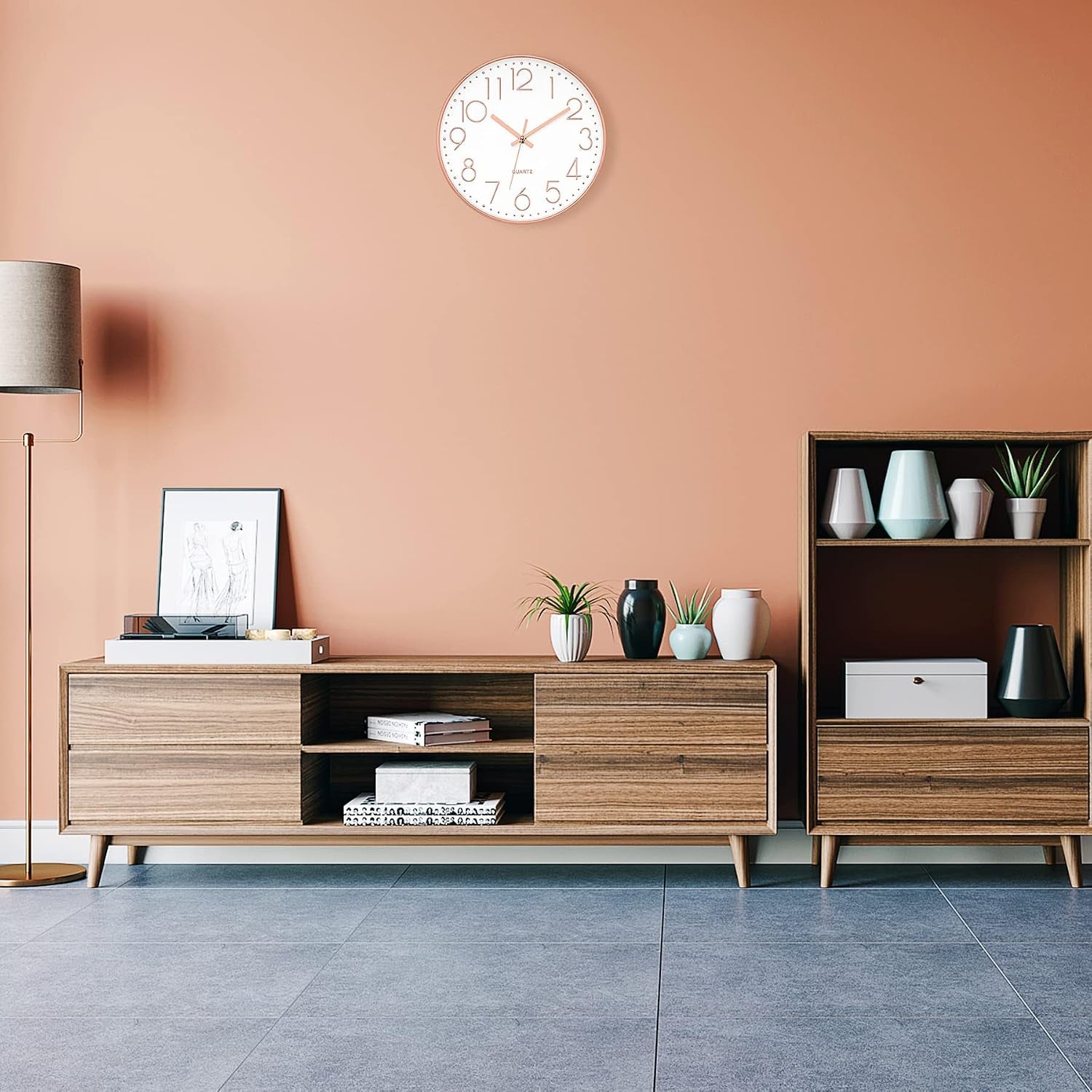Modern Wall Clock 12 Inch Non-Ticking Silent Battery Operated round Quartz Rose Gold Wall Clock for Office Bedroom Living Room Kitchen Home School Decor