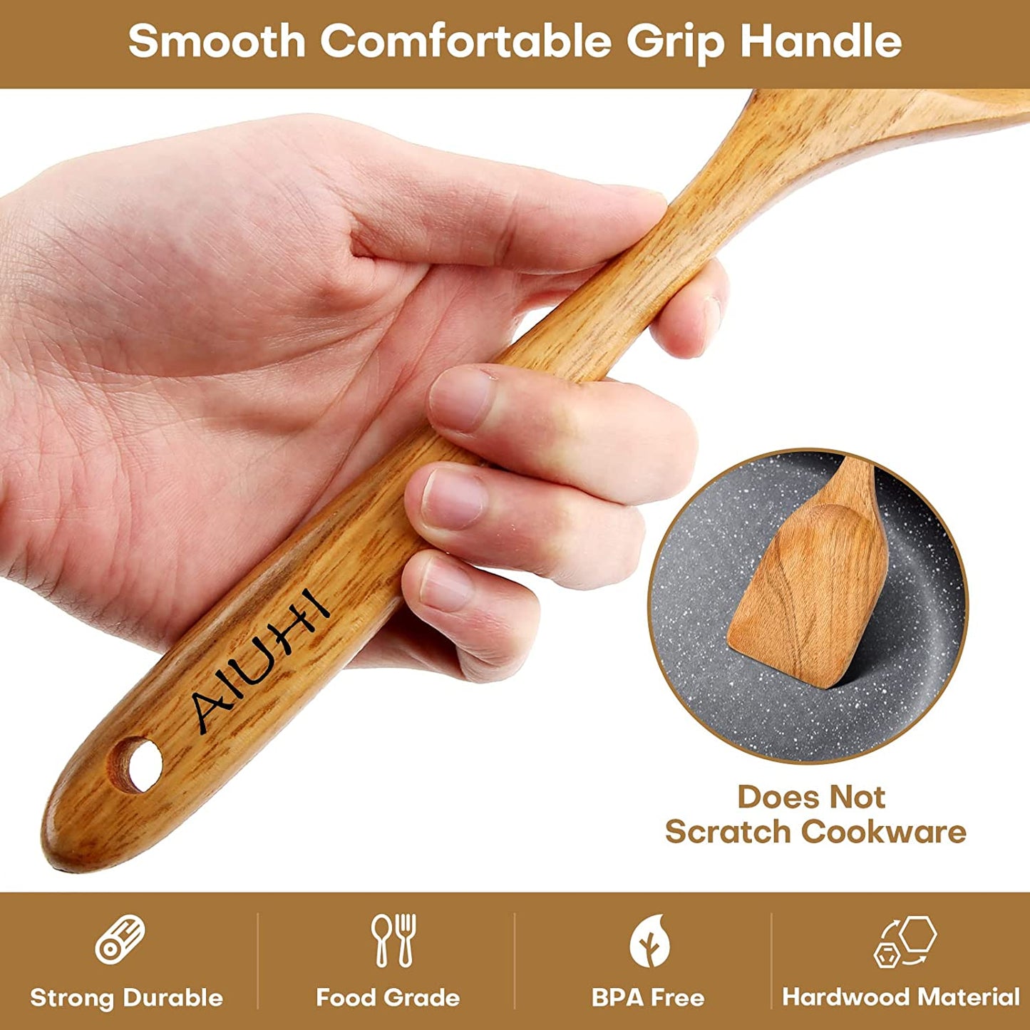 Teak Wood 8-Piece Wooden Kitchen Utensils Set, Wooden Spoons for Cooking, Smooth Wood Spatula Set for Nonstick Cookware, Daily Cooking, Housewarming Gift