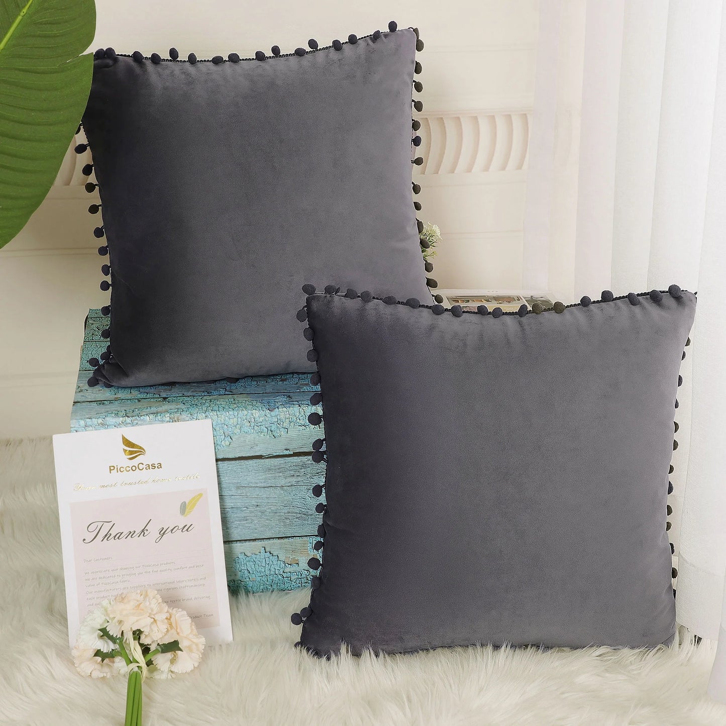 Velvet Pillow Cover with Pompoms for Sofa 2PCS Dark Gray 18X18Inch