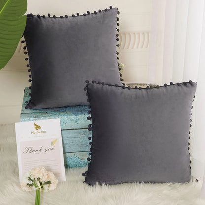 Velvet Pillow Cover with Pompoms for Sofa 2PCS Dark Gray 18X18Inch