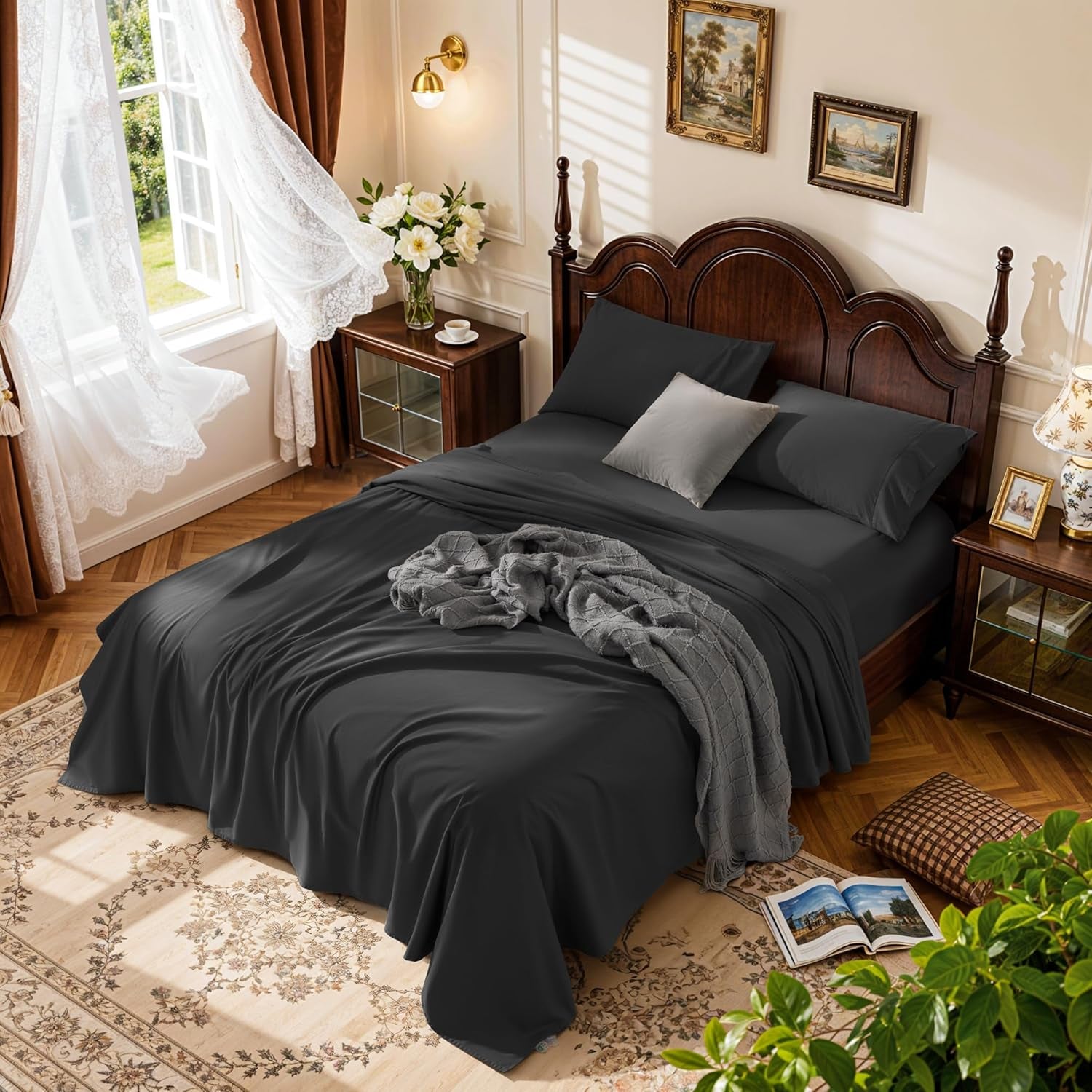 1000 Thread Count 100% Egyptian Cotton Sheets Set,Full Size Bed Sheet 4 Piece Sets,Long Staple,16 Inches Deep Pocket,All Season,Bedding Super Soft Breathable,Sateen Weave (Black)