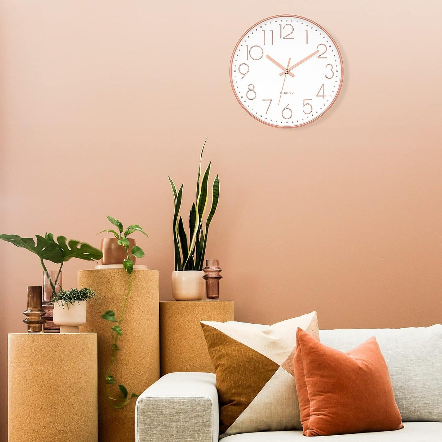 Modern Wall Clock 12 Inch Non-Ticking Silent Battery Operated round Quartz Rose Gold Wall Clock for Office Bedroom Living Room Kitchen Home School Decor